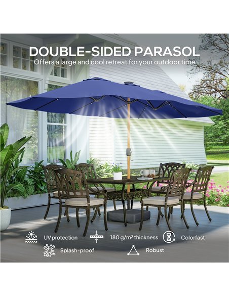 Outsunny Double Sided Garden Parasol with Base Included & 48 Solar LED Lights Patio Umbrella Crank Handle 4.6m Dark Blue - pic 188017 | FastDaddyshop