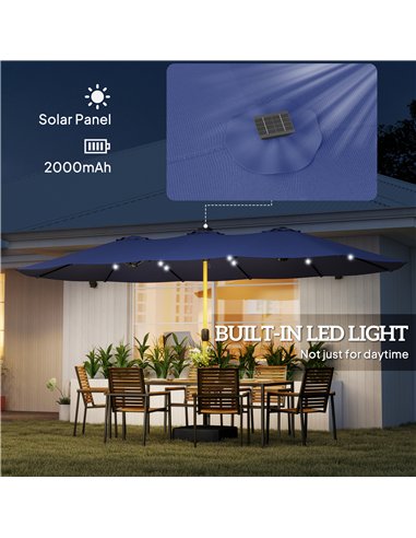 Outsunny Double Sided Garden Parasol with Base Included & 48 Solar LED Lights Patio Umbrella Crank Handle 4.6m Dark Blue
