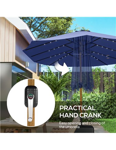 Outsunny Double Sided Garden Parasol with Base Included & 48 Solar LED Lights Patio Umbrella Crank Handle 4.6m Dark Blue