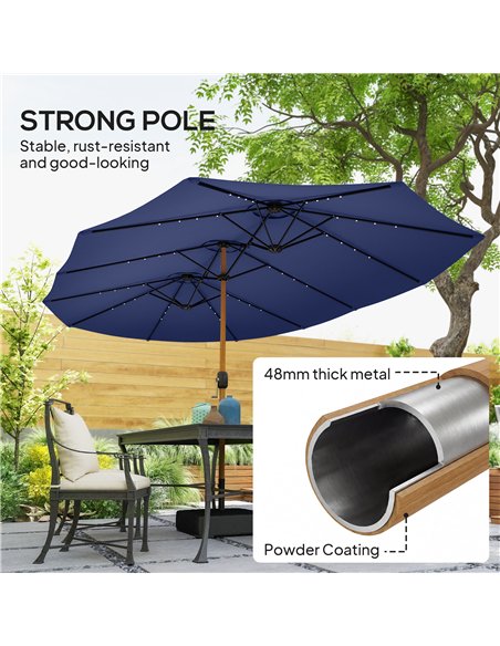 Outsunny Double Sided Garden Parasol with Base Included & 48 Solar LED Lights Patio Umbrella Crank Handle 4.6m Dark Blue - pic 188020 | FastDaddyshop