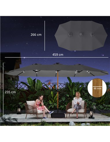 Outsunny Double Sided Garden Parasol with Base Included & 48 Solar LED Lights Patio Umbrella Crank Handle 4.6m Light Grey