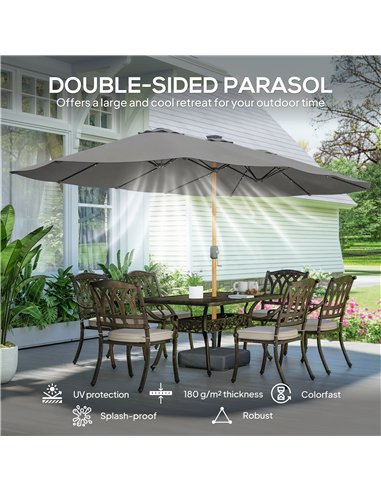 Outsunny Double Sided Garden Parasol with Base Included & 48 Solar LED Lights Patio Umbrella Crank Handle 4.6m Light Grey