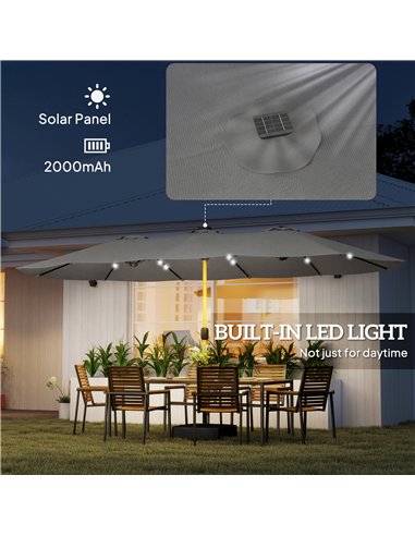 Outsunny Double Sided Garden Parasol with Base Included & 48 Solar LED Lights Patio Umbrella Crank Handle 4.6m Light Grey