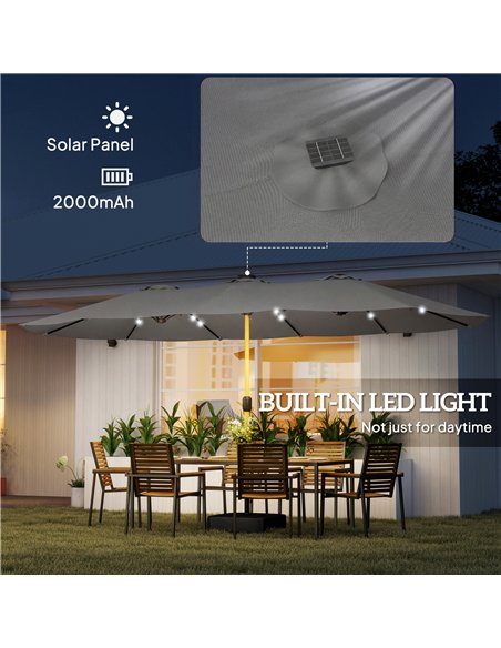 Outsunny Double Sided Garden Parasol with Base Included & 48 Solar LED Lights Patio Umbrella Crank Handle 4.6m Light Grey - pic 188027 | FastDaddyshop
