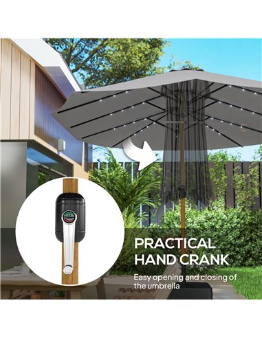 Outsunny Double Sided Garden Parasol with Base Included & 48 Solar LED Lights Patio Umbrella Crank Handle 4.6m Light Grey