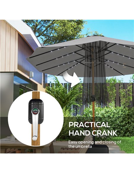 Outsunny Double Sided Garden Parasol with Base Included & 48 Solar LED Lights Patio Umbrella Crank Handle 4.6m Light Grey - pic 188028 | FastDaddyshop