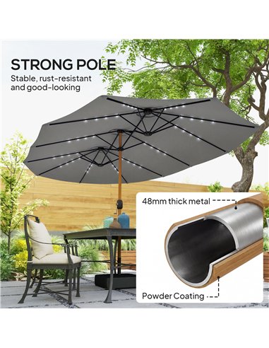 Outsunny Double Sided Garden Parasol with Base Included & 48 Solar LED Lights Patio Umbrella Crank Handle 4.6m Light Grey
