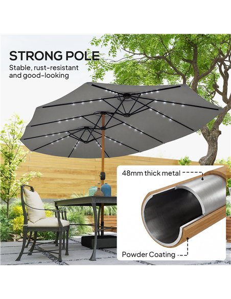 Outsunny Double Sided Garden Parasol with Base Included & 48 Solar LED Lights Patio Umbrella Crank Handle 4.6m Light Grey - pic 188029 | FastDaddyshop