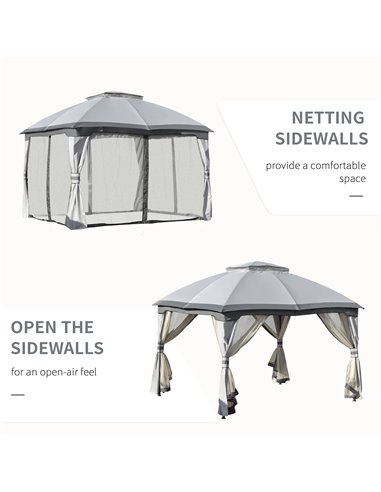 Outsunny 3.7x3m Metal Gazebo with Netting Sidewalls & Double Tiered Roof, Grey