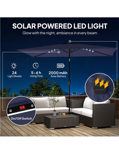 Outsunny 3 x 2 m Garden Parasol Umbrella with LED Solar Light, Parasol Cover, Outdoor Market Patio Umbrella, Navy Blue