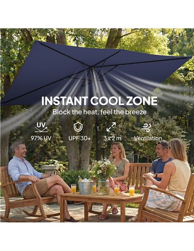 Outsunny 3 x 2 m Garden Parasol Umbrella with LED Solar Light, Parasol Cover, Outdoor Market Patio Umbrella, Navy Blue