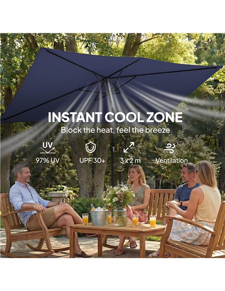 Outsunny 3 x 2 m Garden Parasol Umbrella with LED Solar Light, Parasol Cover, Outdoor Market Patio Umbrella, Navy Blue - pic 188037 | FastDaddyshop