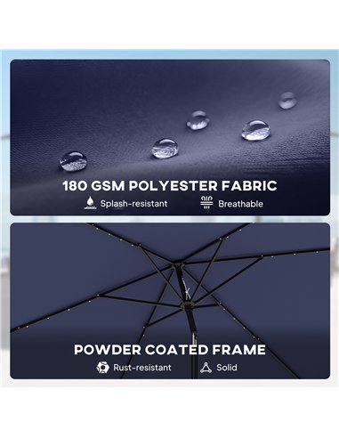 Outsunny 3 x 2 m Garden Parasol Umbrella with LED Solar Light, Parasol Cover, Outdoor Market Patio Umbrella, Navy Blue