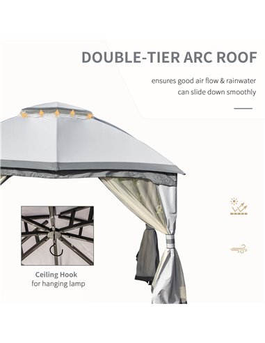 Outsunny 3.7x3m Metal Gazebo with Netting Sidewalls & Double Tiered Roof, Grey