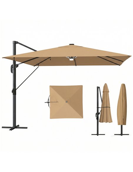 Outsunny 3 x 3 m Garden Cantilever Parasol with Light, Umbrella with Wind Protection, 360° Rotation, Khaki - pic 188041 | FastDaddyshop