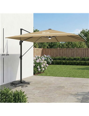 Outsunny 3 x 3 m Garden Cantilever Parasol with Light, Umbrella with Wind Protection, 360° Rotation, Khaki