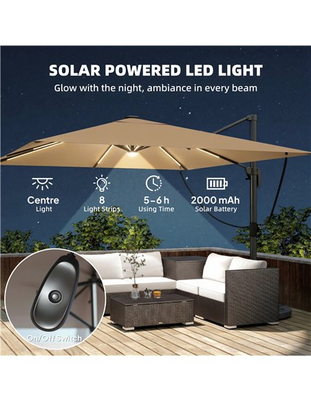 Outsunny 3 x 3 m Garden Cantilever Parasol with Light, Umbrella with Wind Protection, 360° Rotation, Khaki - pic 188044 | FastDaddyshop