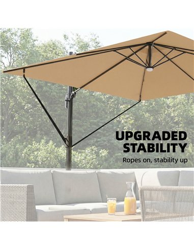 Outsunny 3 x 3 m Garden Cantilever Parasol with Light, Umbrella with Wind Protection, 360° Rotation, Khaki