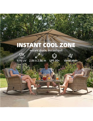 Outsunny 3 x 3 m Garden Cantilever Parasol with Light, Umbrella with Wind Protection, 360° Rotation, Khaki