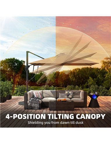 Outsunny 3 x 3 m Garden Cantilever Parasol with Light, Umbrella with Wind Protection, 360° Rotation, Khaki