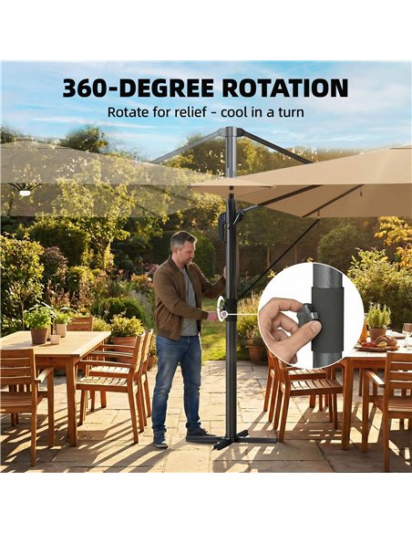 Outsunny 3 x 3 m Garden Cantilever Parasol with Light, Umbrella with Wind Protection, 360° Rotation, Khaki - pic 188049 | FastDaddyshop