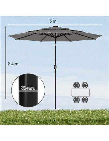 Outsunny Garden Parasol, Parasol Umbrella with 3-tier Roof, Crank Handle, Tilt Function, Polyester Canopy, Grey