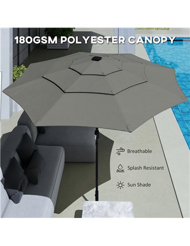 Outsunny Garden Parasol, Parasol Umbrella with 3-tier Roof, Crank Handle, Tilt Function, Polyester Canopy, Grey