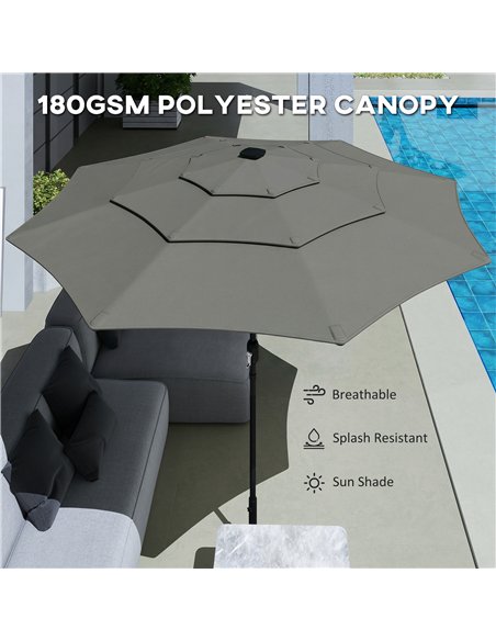Outsunny Garden Parasol, Parasol Umbrella with 3-tier Roof, Crank Handle, Tilt Function, Polyester Canopy, Grey - pic 188063 | FastDaddyshop