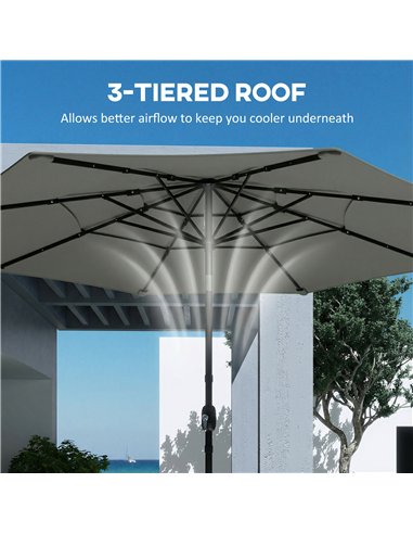Outsunny Garden Parasol, Parasol Umbrella with 3-tier Roof, Crank Handle, Tilt Function, Polyester Canopy, Grey