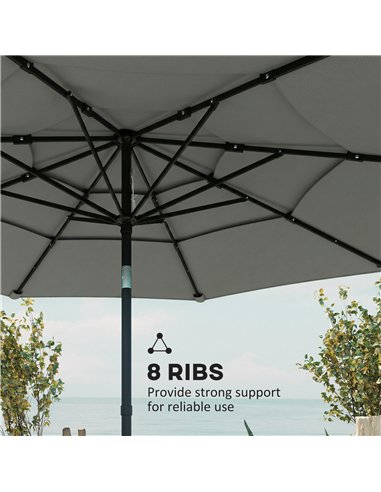 Outsunny Garden Parasol, Parasol Umbrella with 3-tier Roof, Crank Handle, Tilt Function, Polyester Canopy, Grey