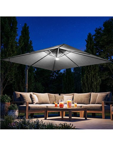 Outsunny 3 x 3 m Garden Cantilever Parasol with Light, Cover, Overhanging Umbrella w/ Wind Protection, 360° Rotation, Light Grey
