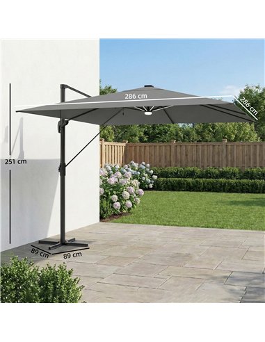 Outsunny 3 x 3 m Garden Cantilever Parasol with Light, Cover, Overhanging Umbrella w/ Wind Protection, 360° Rotation, Light Grey