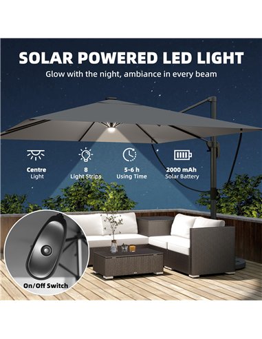 Outsunny 3 x 3 m Garden Cantilever Parasol with Light, Cover, Overhanging Umbrella w/ Wind Protection, 360° Rotation, Light Grey