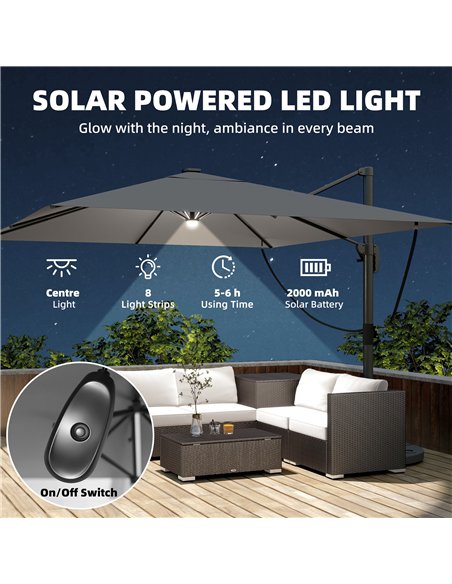 Outsunny 3 x 3 m Garden Cantilever Parasol with Light, Cover, Overhanging Umbrella w/ Wind Protection, 360° Rotation, Light Grey - pic 188071 | FastDaddyshop