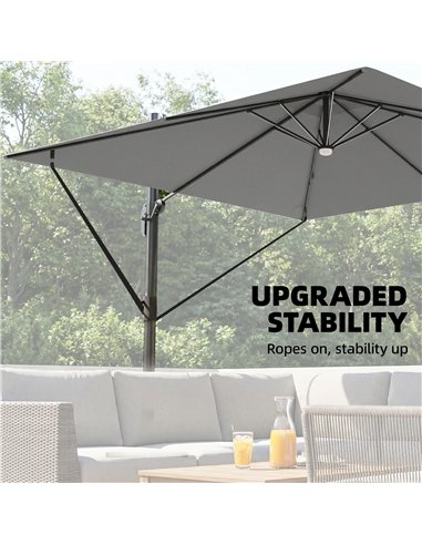 Outsunny 3 x 3 m Garden Cantilever Parasol with Light, Cover, Overhanging Umbrella w/ Wind Protection, 360° Rotation, Light Grey