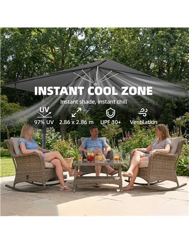 Outsunny 3 x 3 m Garden Cantilever Parasol with Light, Cover, Overhanging Umbrella w/ Wind Protection, 360° Rotation, Light Grey