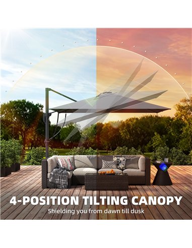 Outsunny 3 x 3 m Garden Cantilever Parasol with Light, Cover, Overhanging Umbrella w/ Wind Protection, 360° Rotation, Light Grey
