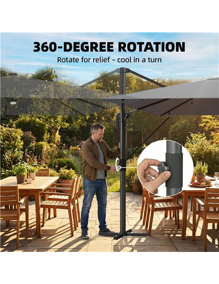 Outsunny 3 x 3 m Garden Cantilever Parasol with Light, Cover, Overhanging Umbrella w/ Wind Protection, 360° Rotation, Light Grey - pic 188076 | FastDaddyshop