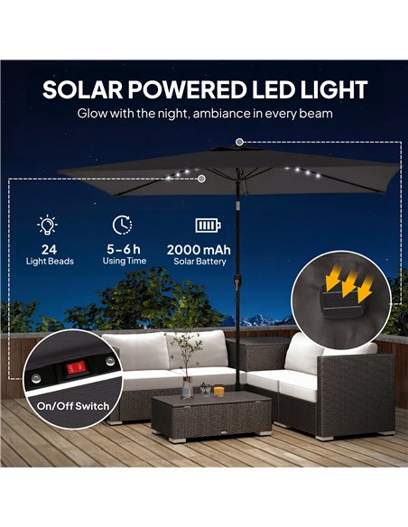 Outsunny 3 x 2 m Garden Parasol Umbrella with LED Solar Light, Parasol Cover, Outdoor Market Patio Umbrella, Black - pic 188080 | FastDaddyshop