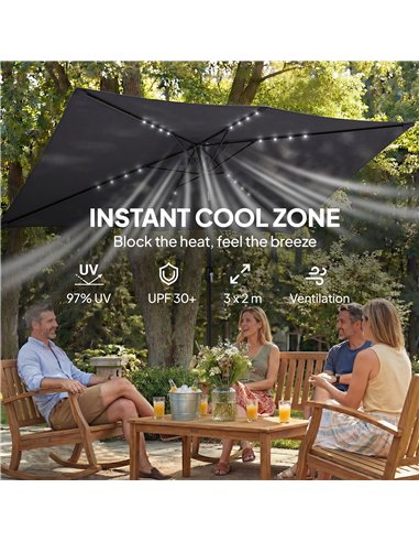 Outsunny 3 x 2 m Garden Parasol Umbrella with LED Solar Light, Parasol Cover, Outdoor Market Patio Umbrella, Black