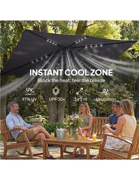 Outsunny 3 x 2 m Garden Parasol Umbrella with LED Solar Light, Parasol Cover, Outdoor Market Patio Umbrella, Black - pic 188082 | FastDaddyshop
