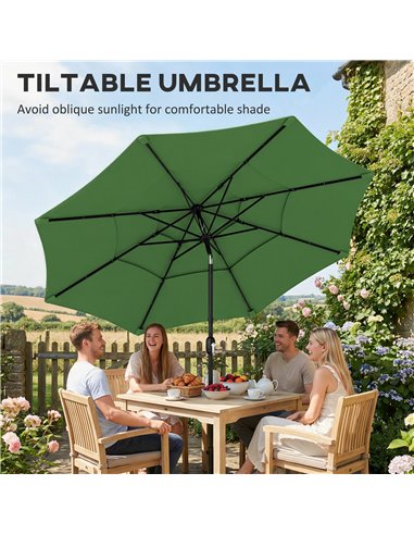 Outsunny Garden Parasol, Parasol Umbrella with 3-tier Roof, Crank Handle, Tilt Function, Polyester Canopy, Green