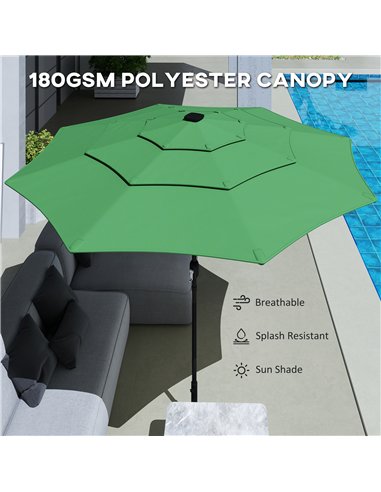 Outsunny Garden Parasol, Parasol Umbrella with 3-tier Roof, Crank Handle, Tilt Function, Polyester Canopy, Green