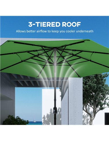 Outsunny Garden Parasol, Parasol Umbrella with 3-tier Roof, Crank Handle, Tilt Function, Polyester Canopy, Green