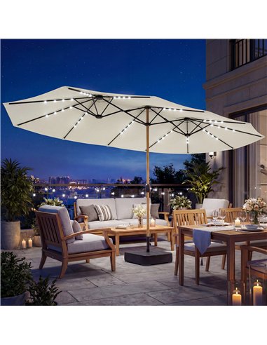 Outsunny Double Sided Garden Parasol with Base Included & 48 Solar LED Lights Patio Umbrella Crank Handle 4.6m Cream White