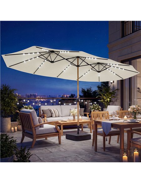 Outsunny Double Sided Garden Parasol with Base Included & 48 Solar LED Lights Patio Umbrella Crank Handle 4.6m Cream White - pic 188114 | FastDaddyshop