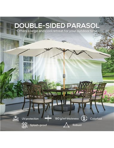 Outsunny Double Sided Garden Parasol with Base Included & 48 Solar LED Lights Patio Umbrella Crank Handle 4.6m Cream White