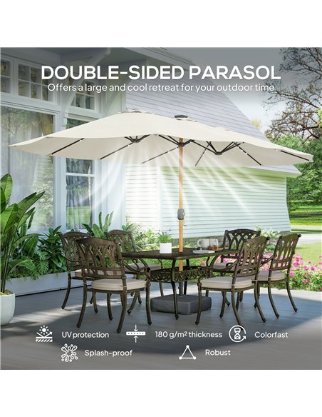 Outsunny Double Sided Garden Parasol with Base Included & 48 Solar LED Lights Patio Umbrella Crank Handle 4.6m Cream White - pic 188116 | FastDaddyshop