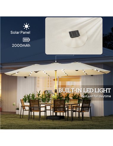 Outsunny Double Sided Garden Parasol with Base Included & 48 Solar LED Lights Patio Umbrella Crank Handle 4.6m Cream White