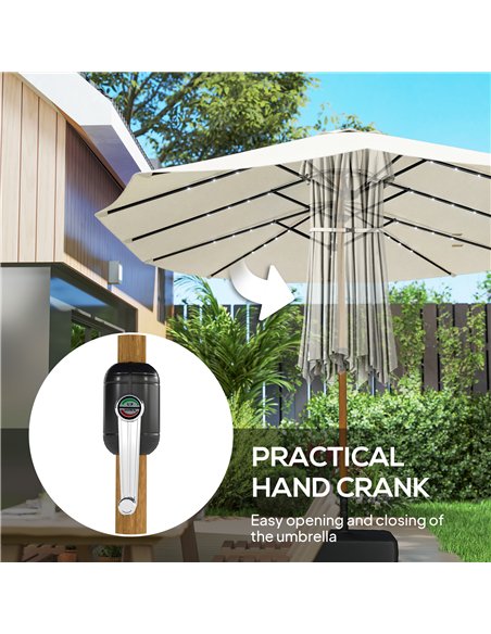 Outsunny Double Sided Garden Parasol with Base Included & 48 Solar LED Lights Patio Umbrella Crank Handle 4.6m Cream White - pic 188118 | FastDaddyshop